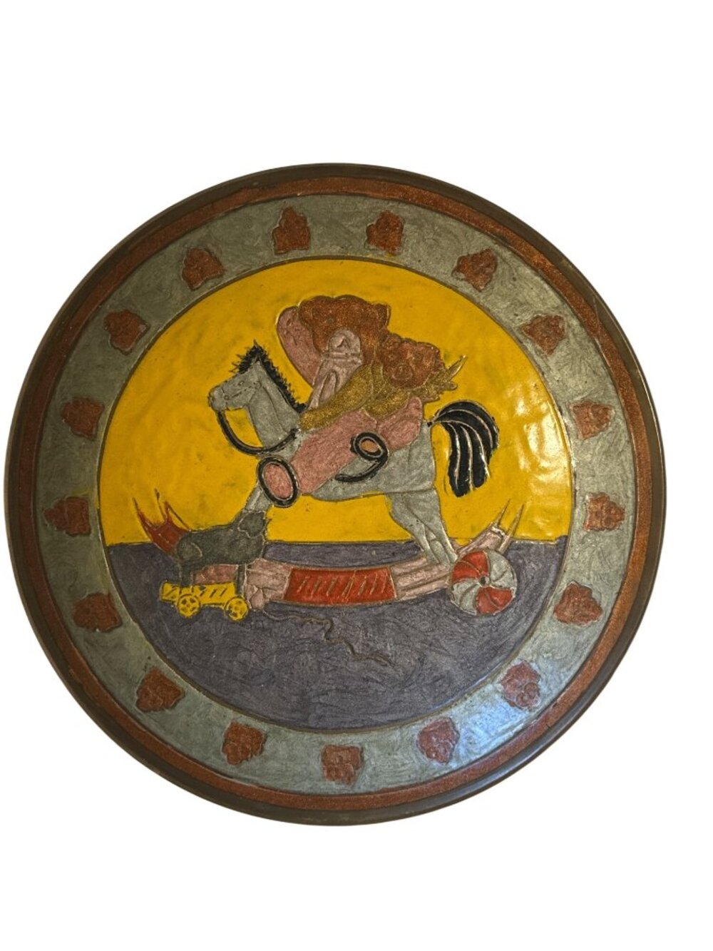 Decorative Hand-Painted Solid Brass Wall Plate With Knight On Horseback - Made I